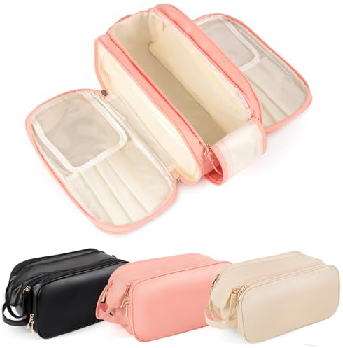 HERYEBING Kosmetiktasche Reise Kulturtasche Damen Kulturbeutel, Leder Kosmetikkoffer mit Makeup Pinsel Fach, Groß Schminktasche Schminkkoffer wasserdichte Waschtasche mit Tragegriff (Rosa)