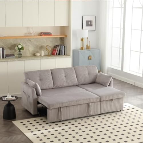 Soweiz Multifunktionales Schlafsofa mit ausziehbarem Bett, Schlafsofa mit austauschbarer Chaiselongue, Sofagarnitur mit Aufbewahrungssitz, L-förmiges Sofa, Ecksofagarnitur für Wohnzimmer (Light Gray)