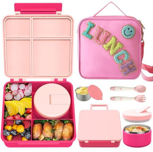 Aimsnk Kids Bento Lunch Box with 8oz Soup Thermo, Kids Leakproof Lunch Food Containers with 4 Compartment,Insulated Hot Food Jar with Lunch Bag for School, Travel (Pink)