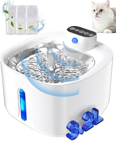 Automatischer Trinkbrunnen für Katzen 3.2L, 4000mAh längere Laufzeit, Katzen-Wasserspender mit Bewegungsmelder, Leise Wasserpumpe, Tablett aus Edelstahl, für alle Arten von Katzen, Weiß