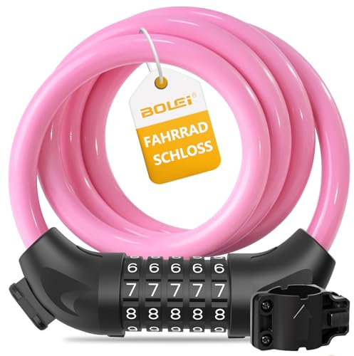 BOLEi lucchetto bici con codice a combinazione 12 MM/120 CM, Serratura antifurto del cavo della bicicletta di codice a 5 cifre impermeabile per la bicicletta, e-bike, carrozzina (Rosa chiaro)