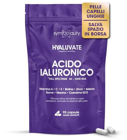 HYALUVATE Integratore Capelli Donna con ACIDO IALURONICO PURO + BIOTINA [3 MESI] - Vitamine per Capelli, Pelle e Unghie | Zinco e Vitamina C, Vegan, 90 Capsule Acidoresistenti - STUDI CLINICI