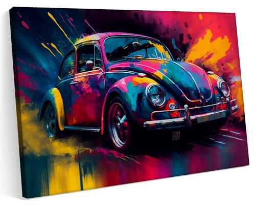 Printonia Leinwandbild m Bild auf Leinwand 70x50 VW Käfer Classic Oldtimer Neon Abstrakt Bunt