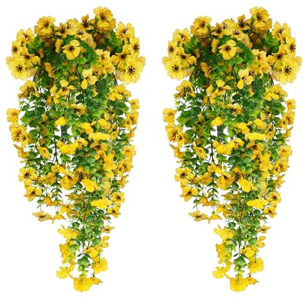 HBell 4 st konstgjorda hängande blommor, UV-resistenta fuskväxter, blombukett, vinrankor, växter för vägg, hem, trädgård, gård, uteplats, bröllop, inomhus- och utomhusdekoration (gul)