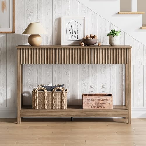 Treocho 47 Console Table with Drawers, Fluted Narrow Entryway Table with Open Shelf, Farmhouse Sofa Table Behind Couch for Hallway, Living Room, Brown