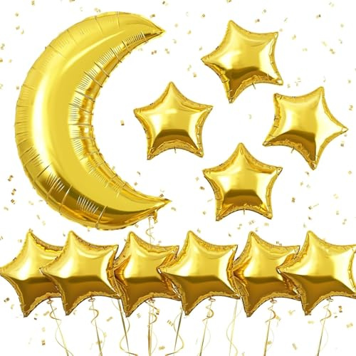 Froova - Globos de luna y estrellas con globo de aluminio dorado metálico de 91,4 cm en forma de estrella de mylar dorado cromado para fiestas de prenatal, boda, compromiso, fiesta de cumpleaños