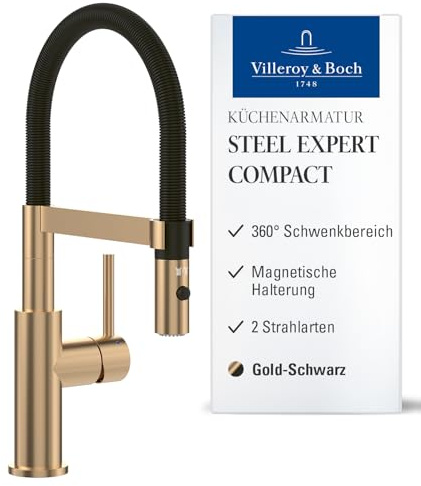 Villeroy & Boch Steel Expert, grifo de cocina de alta presión con función de interruptor y caño giratorio con muelle en espiral de 360°, flujo laminar, altura del caño 143 mm, dorado-negro