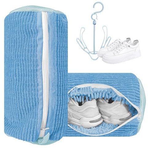 Reusable Shoe Washing Bag with Hanging Hook – Blue & White Mesh Laundry Bag for Trainers, Sneakers & Delicates – Zipper Closure – Machine & Dryer Safe – 1 Pack by GlowAli
