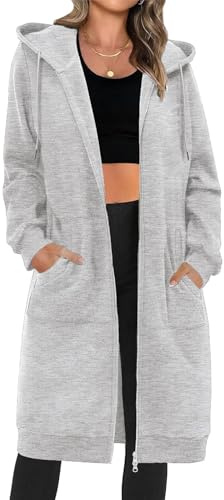 RITOSTA Lång huvtröja för kvinnor dragkedja lång huvtröja fleece damtröja jacka huva kappa ledig lös huvtröja med fickor, Ljusgrå, XL