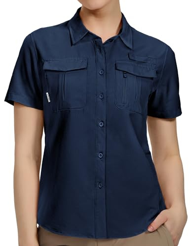 Haimont Safari Shirts Short Sleeve for Women UPF 50+ Sun Protection Blouses Lightweight Fishing Hiking Traveling, Dark Blue, XL