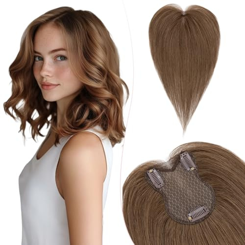 Silk-co Hair bäddmadrass äkta hår 21 g, 8 x 11 cm handbunden bas toupet damer, klämma i hårdelar med spets sidenbas, ingen lugg 27 cm #04 chokladbrun