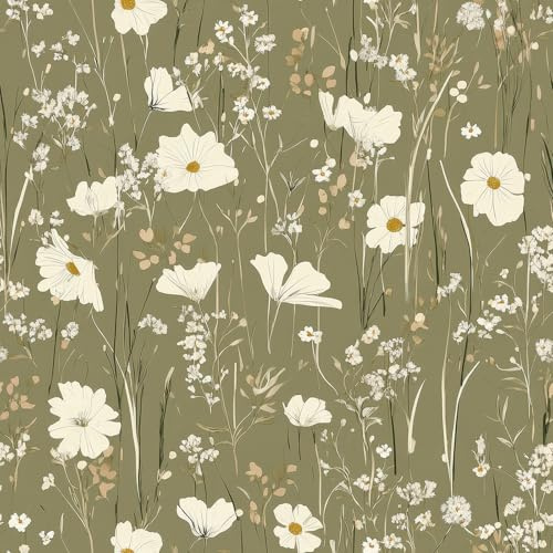 FunStick Papier Peint Vert Petite Fleur Autocollant Mural Salon Chambre Papier Peint Adhesif Vert Olive Foncé Petites Fleurs Papiers Peints Autocollant Meuble Vinyle Adhesif Placard Armoire 44.5CMx3M
