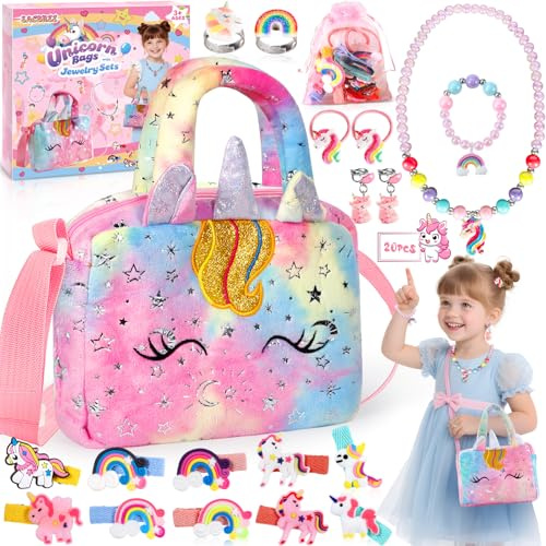 Borsa Unicorno Bambina Con Gioielli, 20 Pezzi Set Gioielli, Anelli, Collane, Forcine, Orecchini,Borsetta Unicorno Bambina, Borsetta Bambinas Set Unicorno Regalo per Bambini 3-7 Anni Compleanno Natale