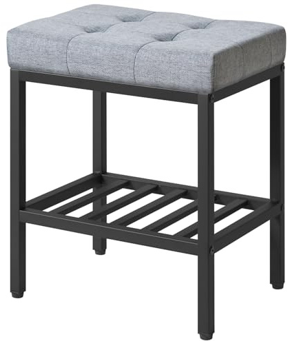 IBUYKE Make-up Hocker, Bettwäsche Sitz Eitelkeit Stuhl, Blau Grau WBD017L | Verstellbare Füße Aufbewahrungsraum Fußlehne Multi-Use Kleiner Beistelltisch Osmanisches Schlafzimmer
