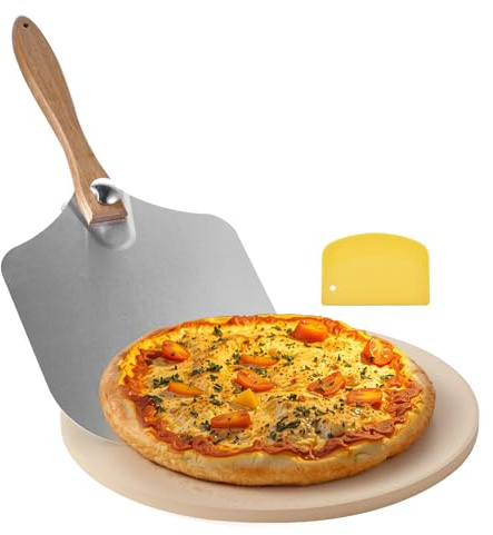 VEVOR Pizza Stone, 15 in Round Pizza Stone, 0.67 in Large Cordierite Baking-Stone with Metal Peel, Scrape, 1450℉ Heat-Resistant Cooking Stones, for Kitchen Oven, Baking Pizzas, BBQ Grill