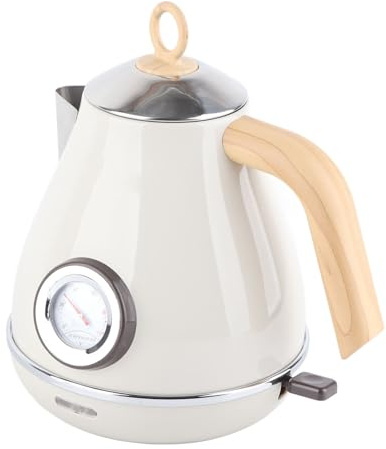 Respicefinem 1,7 L bouilloire électrique rétro Grain de bois Protection contre l'ébullition sèche bouilloire électrique domestique avec affichage de la température (Blanche)