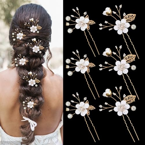XLIUAX Flower Hairpin, Pearl Hairpin Decorative Bridal Hair Clips for Wedding Gold Pins with Rhinestone Flower Hair Accessories for Women Bridesmaid Brides Handmade Jewelry Pearl Hairs Clips(B)