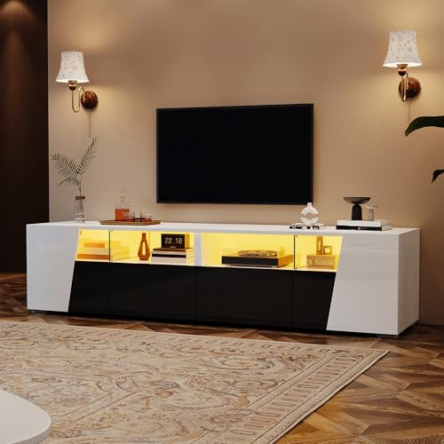 Mueble para TV de 180 cm, color negro brillante y blanco con aplicación de iluminación LED, para televisores de hasta 80 pulgadas, soporte de TV con 2 cajones y puertas, moderno