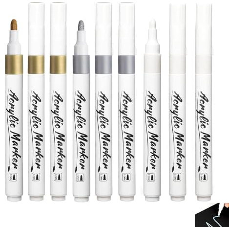 9 PCS Gold Silver White Metallic Acrylic Paint Pens, Metallic Marker Pens, 2mm, Glitter Paint Pens, Permanent Markers for Paper, Wood, Rock, Plastic, Glass, DIY Projects, Custom Gifts, Art Supplies
