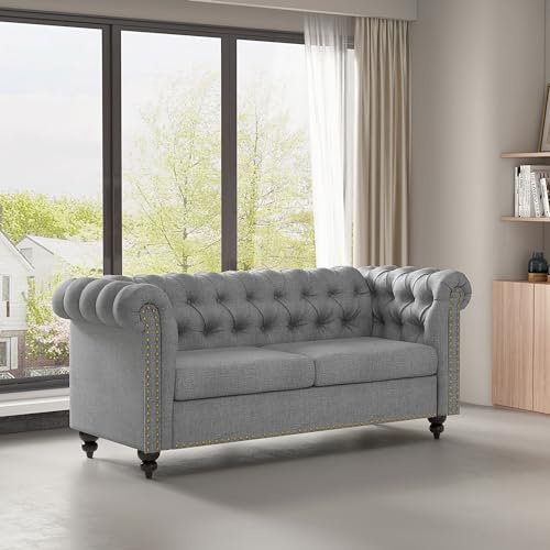 mcc direct Large 2 seater Chesterfield Style Button back Sofa, Couch Linen Fabric Settee for Living Room, Office, Bedroom - Victoria (Pearl Gray)