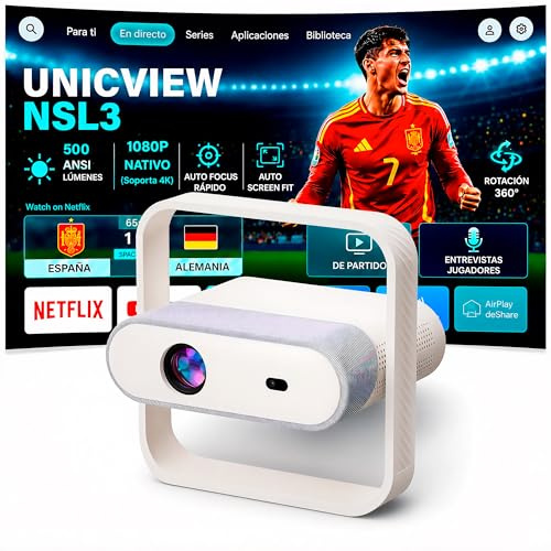 Unicview NSL3 - Proiettore 4K, nativo 1080p, Netflix ufficiale, certificato Linux, 500 ANSI lumen, supporta 4K, WiFi 6 e Bluetooth, autofocus, correzione Keystone, Dolby Audio, fino a 300