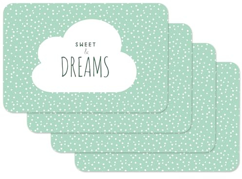 Venilia Tischset Mint mit Spruch Sweet & Dreams, Platzset für Esszimmer, Esstischmatten, Telleruntersetzer, Platzdeckchen, lebensmittelecht, 45 x 30 cm, 4 Stück, 59070, Sprüche