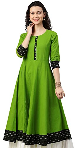 Yash Gallery Tunica Indiana Top Donna Cotone Fiammato Stampato Anarkali Kurta (Verde) Piccolo