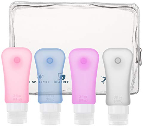 MoKo Reise Flaschen Set, 4 Stück Leckdicht Nachfüllbar Silikon Reiseflaschen Travel Bottle mit Saugnapf für Shampoo, Creme, Spülung und Pflegeprodukten, BPA frei, FDA genehmigt, 3.1 OZ(89ml), Serie 2