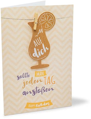 KE - Exklusive Geburtstagskarten mit echten Holzklammern, 17,0 x 11,5 cm, inklusive Umschlag, coole und einzigartige Designs - Motiv: Cocktail