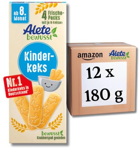 Alete bewusst Kinderkeks, ab dem 8. Monat, Butterkeks aus Weizen für Kinder, handlich verpackte Kekse als kleiner Snack, perfekt für unterwegs & zwischendurch, 12 x 180 g