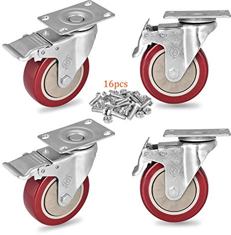 125 mm Heavy Duty Silent Swivel Caster Set of 4 With Brake Wheels, Dual Locking Bearing Plate for Furniture Workbench Cart
