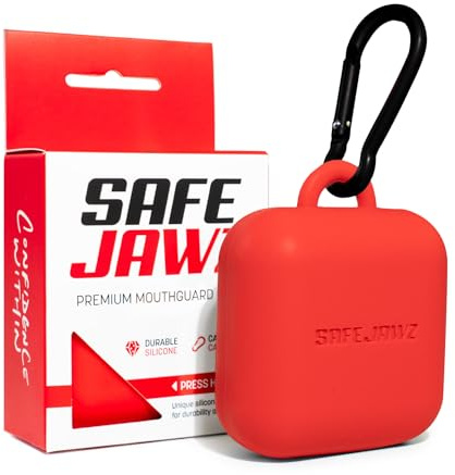 SAFEJAWZ Premium munskydd fodral med karbinhake. Unik hållbar och flexibel silikondesign för att hålla tandköttssköldar skyddade/rena. Röd, en storlek.