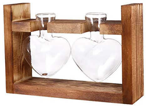 Yardwe Jarrón hidropónico de Cristal en Forma de corazón, con Soporte de Madera para decoración de Escritorio de casa, Oficina, Boda, jarrón de Cristal con Soporte de Madera