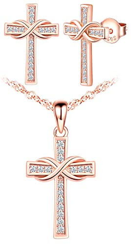 Yumilok Halskette Damen Kreuz in 925 Sterling Silber Damen Kette Religion Unendlichkeit Anhänger Zirkonia Damen Ohrstecker Ohrringe Set für Damen