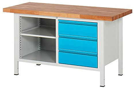 STIER Höhenverstellbare Werkbank Premium mit 3 Schubladen und einem offenen Fach BxTxH 1500x700x840-1040mm RAL 7035 / RAL 5012