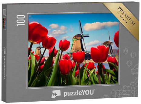 puzzleYOU: Puzzle 100 Teile „Eine der berühmten niederländischen Windmühlen mit Tulpen“ – aus der Puzzle-Kollektion Holland