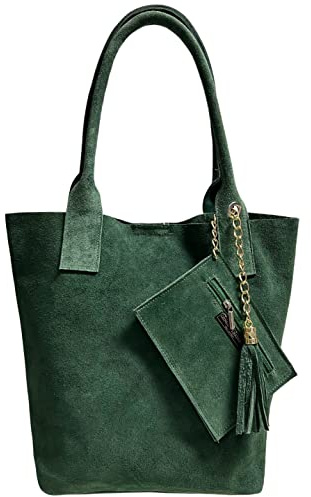 Modarno Borsa shopper da donna in vera pelle scamosciata, con custodia per gioielli dello stesso colore - Borsa a mano - Borsa a spalla