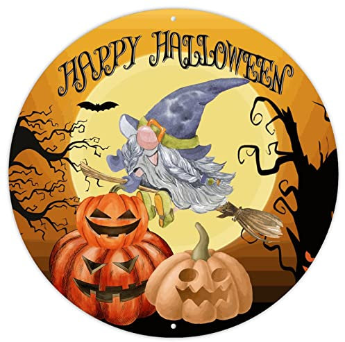 Halloween Horro Baum Zwerg Kürbis Metall Türhänger Happy Halloween Vollmond Metall Blechschild Wandschild Rund Halloween Schild Happy Boo Season Gnomes Retro Vintage Kunst Wandschild 22,9 x 22,9 cm