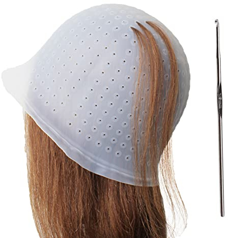 Punched Silicone Highlight Hair Cap with Needle Professional Reusable Highlighting Poked Hole Caps with Hooks for Color Hair Salon Hairdressing Dyeing Staining Tools for Women Men