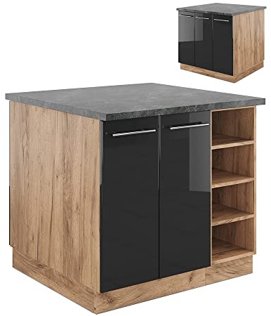 Vicco Kücheninsel Fame-Line, Anthrazit Hochglanz/Goldkraft Eiche, 90 cm | MDF-Front · 6 Einlegeböden · Höhenverstellbare Füße · Metallgriffe · Soft-Close