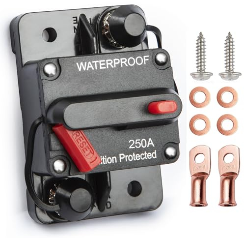 Tiwerlfe 250Amp Circuit Breaker with Manual Reset, Waterproof Inline Fuse for Boat Trolling Motor Marine ATV Trailer Vehicles Stereo Audio Electronic Battery Solar System, Suitable for 12V-48V DC