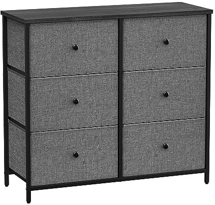 SONGMICS Chest of Drawers, 6 Fabric Drawers with Metal Frame, Storage Organiser Unit, Dresser, for Nursery, Bedroom, Hallway, Grey and Black with Wood Grain LTS323G22