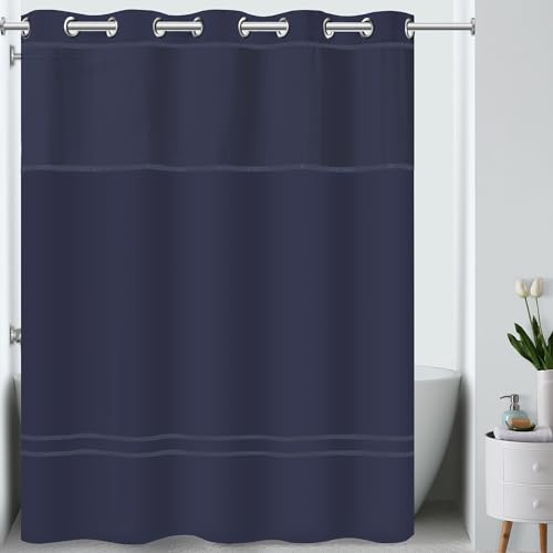 Hookless It's A Snap! Escape Shower Curtain, 3-in-1 Shower Curtain Includes Fabric Shower Curtain with Sheer Top Window, Flex-On Rings & Fabric Liner, 71 x 74, Navy