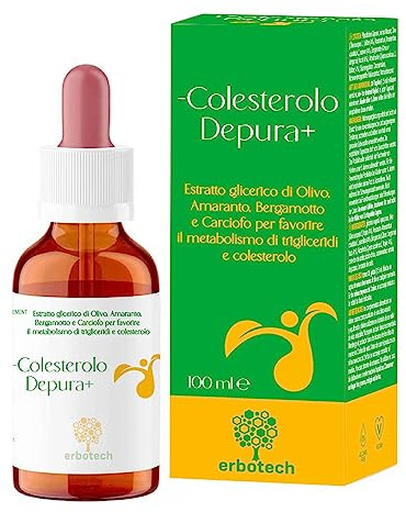 ERBOTECH, Cholesterin Depura+ Mix Urtinktur, alkoholfrei, in Tropfen zum Verdünnen, unterstützt den Cholesterin-Stoffwechsel, Vegan, gentechnikfrei, Made in Italy, 100ml