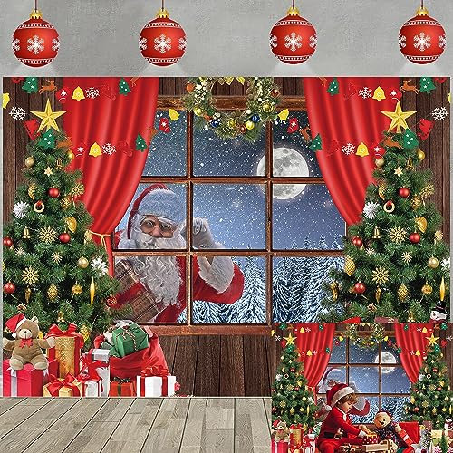 TENCOW Toile de Fond d'Hiver Noël - Père Noël, Neige, Fenêtre, Arbre, Photographie Forêt Nuit, Fenêtre en Bois, Lune, Cadeaux - Vacances Famille Cabine Photo (210 x 150 cm)