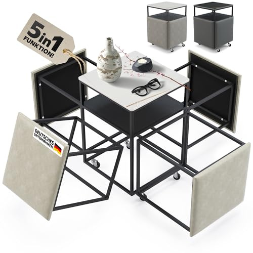 Heimtrend 4 Hocker mit Beistelltisch - Jetzt Platz Sparen! [5 in 1 Cube Grau/Weiß] Couchtisch, Wohnzimmertisch, Sitzhocker – für mehr Ordnung und Stauraum im Wohnzimmer, Esszimmer, Gästezimmer