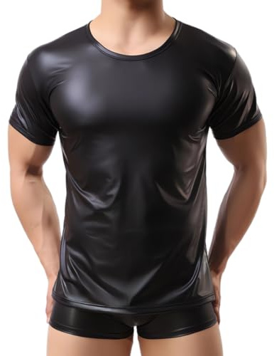 Men's Shiny Metallic Tank Top, PVC Leather Short Sleeve Undershirt T-Shirts, Round Neck Muscle Tight Tee Shirts Clubwear, Black Slim Fit Dance Top T-Shirt for Night Club Music Festival Disco Costume