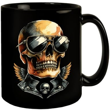 Rocker Totenkopf Tasse schwarz in Schwarz Cooler Schädel Becher mit Sonnenbrille Trendige Skelett Kopf Tasse schwarz Stylischer Sonnenschutz Totenkopf Trinkgefäß Kutte