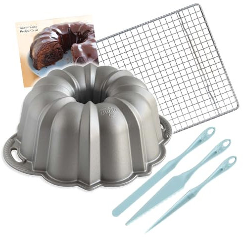 Nordic Ware Platinum Silver 12 Cup Anniversary Bundt Pan With Cake Finishing Tool Kit + Cooling Rack and Recipe Card