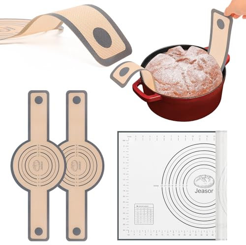 Jeasor 3 PCS Silicone Baking Mat Set, Silicone Bread Sling for Dutch Oven, Reusable Sourdough Bread Baking Supplies, Non-Stick and Easy Clean, with Long Handles